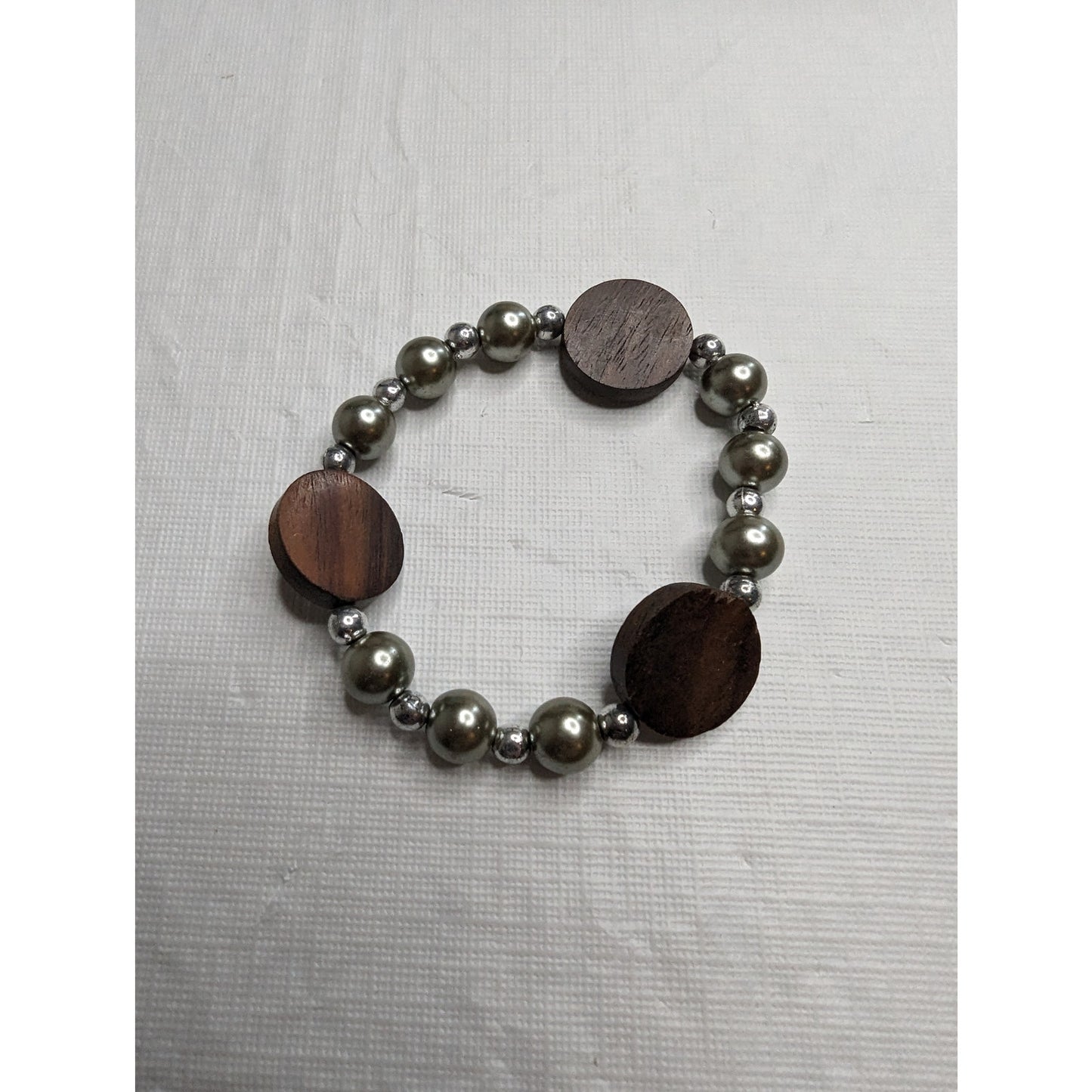 Vintage 1990s Single Strand Beaded Bracelet Silver Metal and Brown Wood Beads