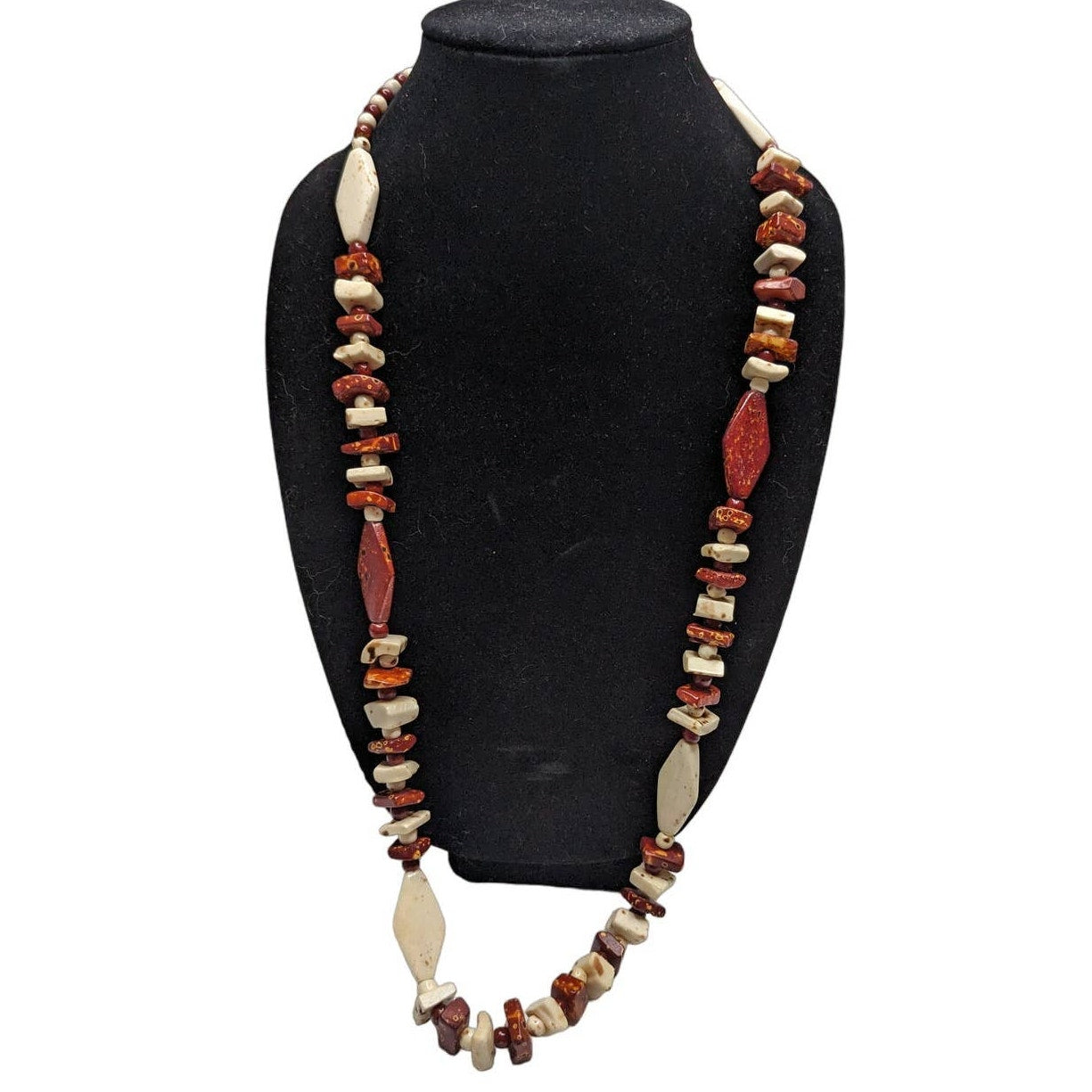 Vintage Mid Century Single Strand Chunky Stone Necklace Red and Cream