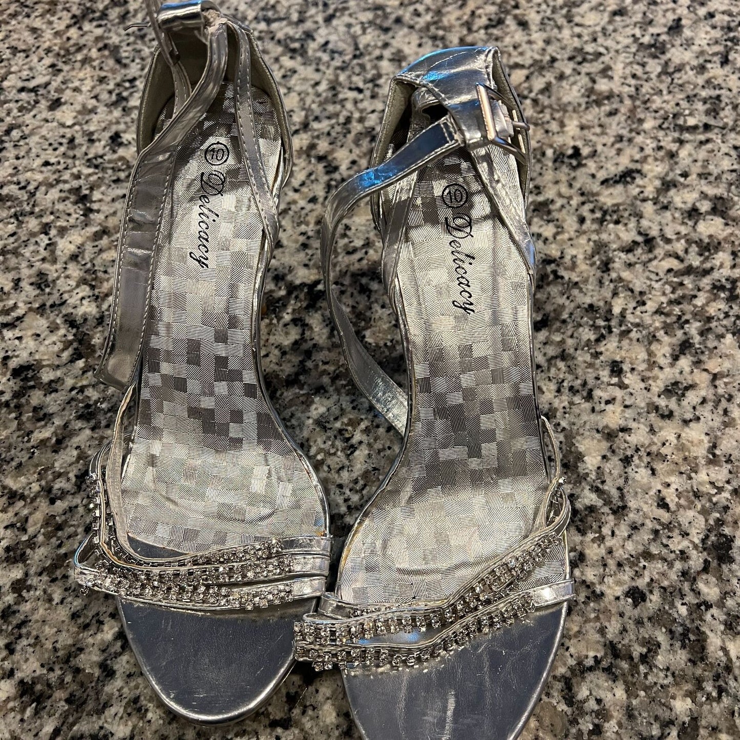 Delicacy Womens Sz 10 Silver and Rhinestone Strappy High Heels Y2K