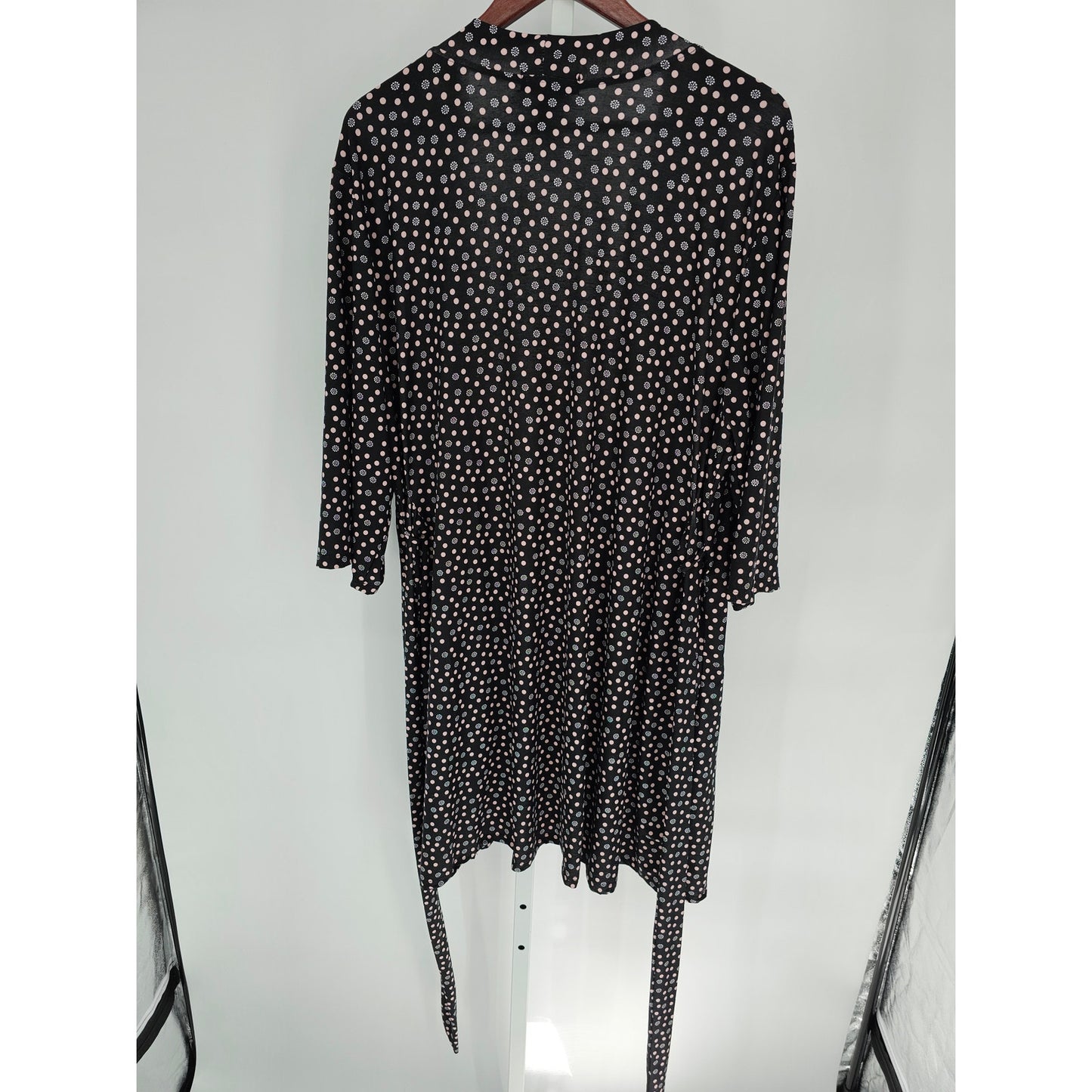 rene Rofe Womens Sz 1X Tie Waist Long Sleeve Robe Black Pink Polka Dot