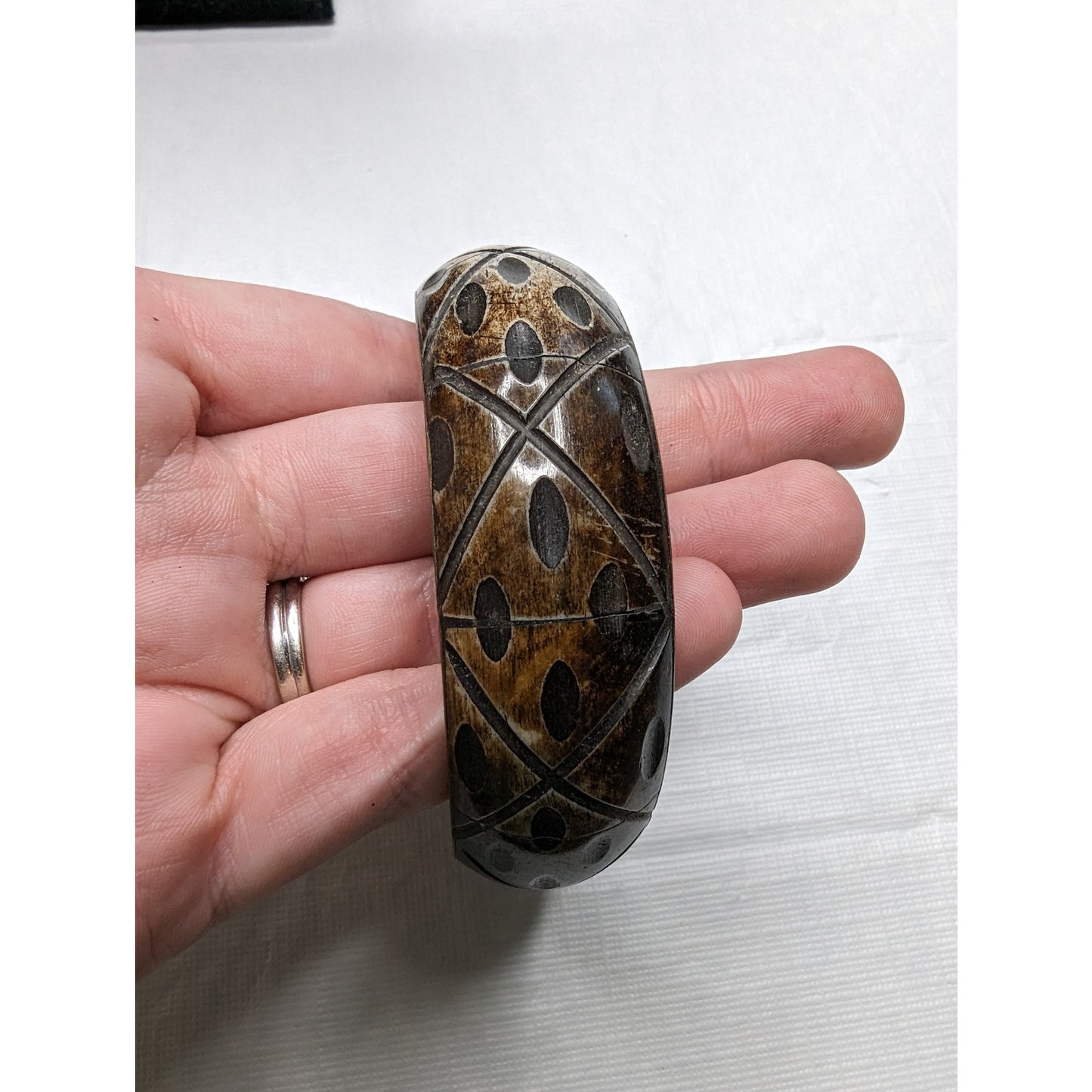 Vintage Mid Century Brass and Wood Hand Carved Bangle Bracelet 1960s