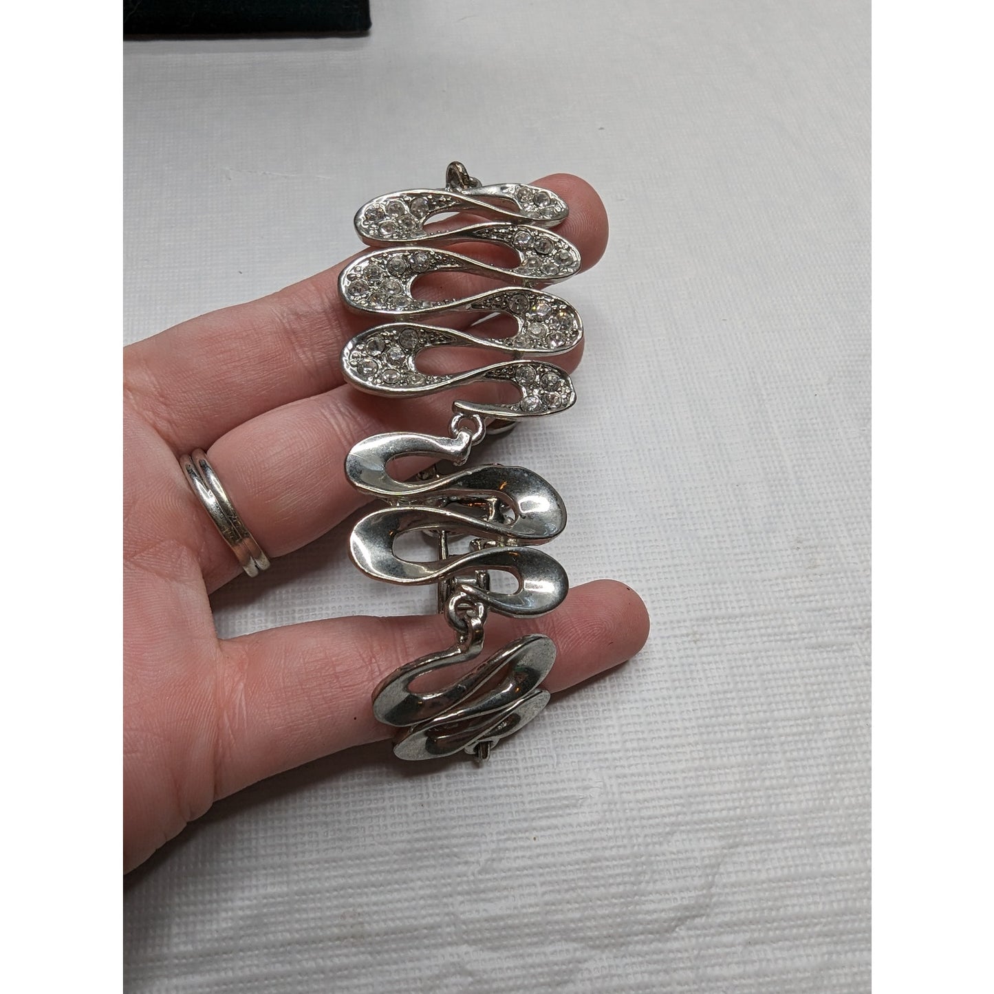 Vintage Y2K Silver and Rhinestone Bangle Bracelet Wide