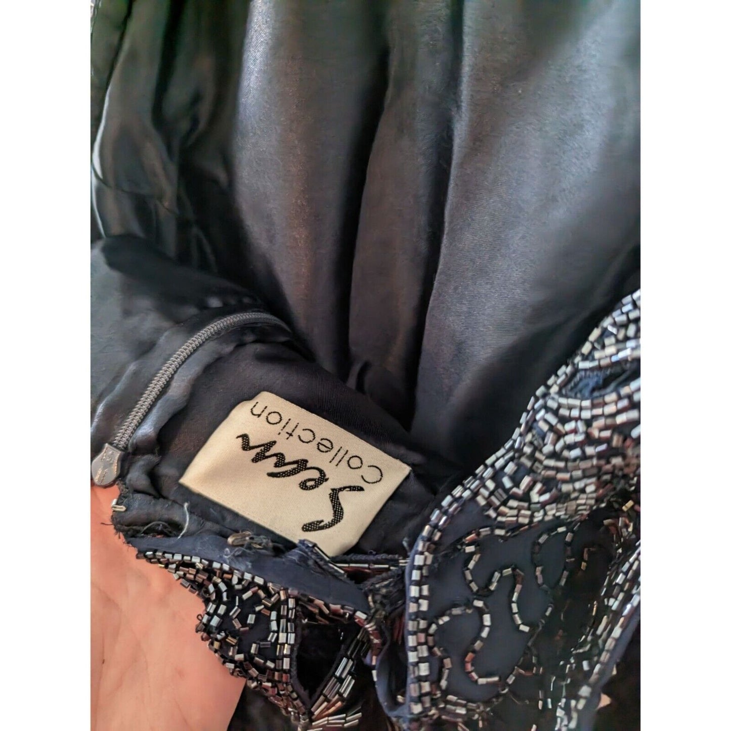 vintage 90s Sean Collection 100% silk beaded formal gown Navy Sz XL