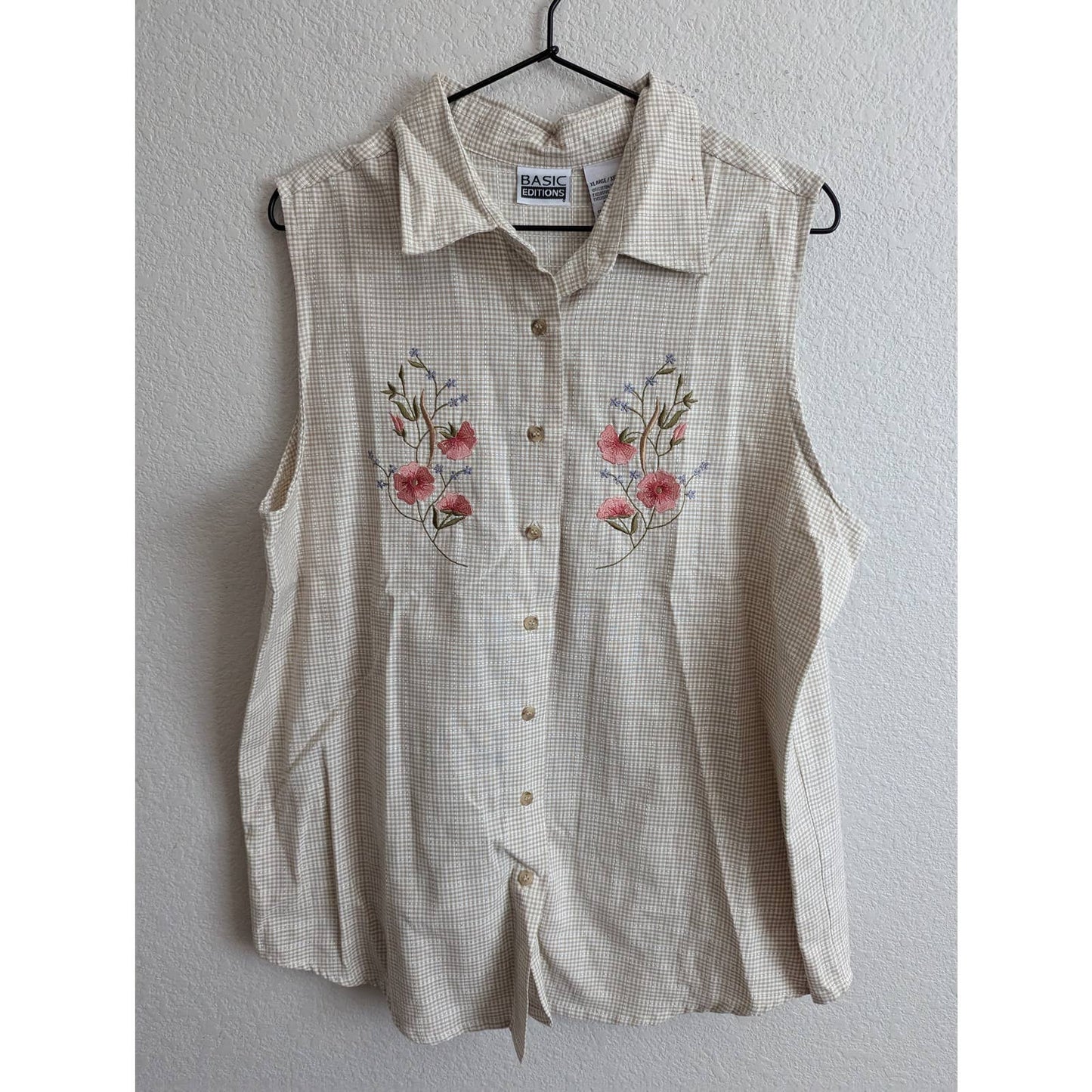 Edición Básica Mujer Sz XL Camisa Sin Mangas Con Botones Beige Cuadros Bordados