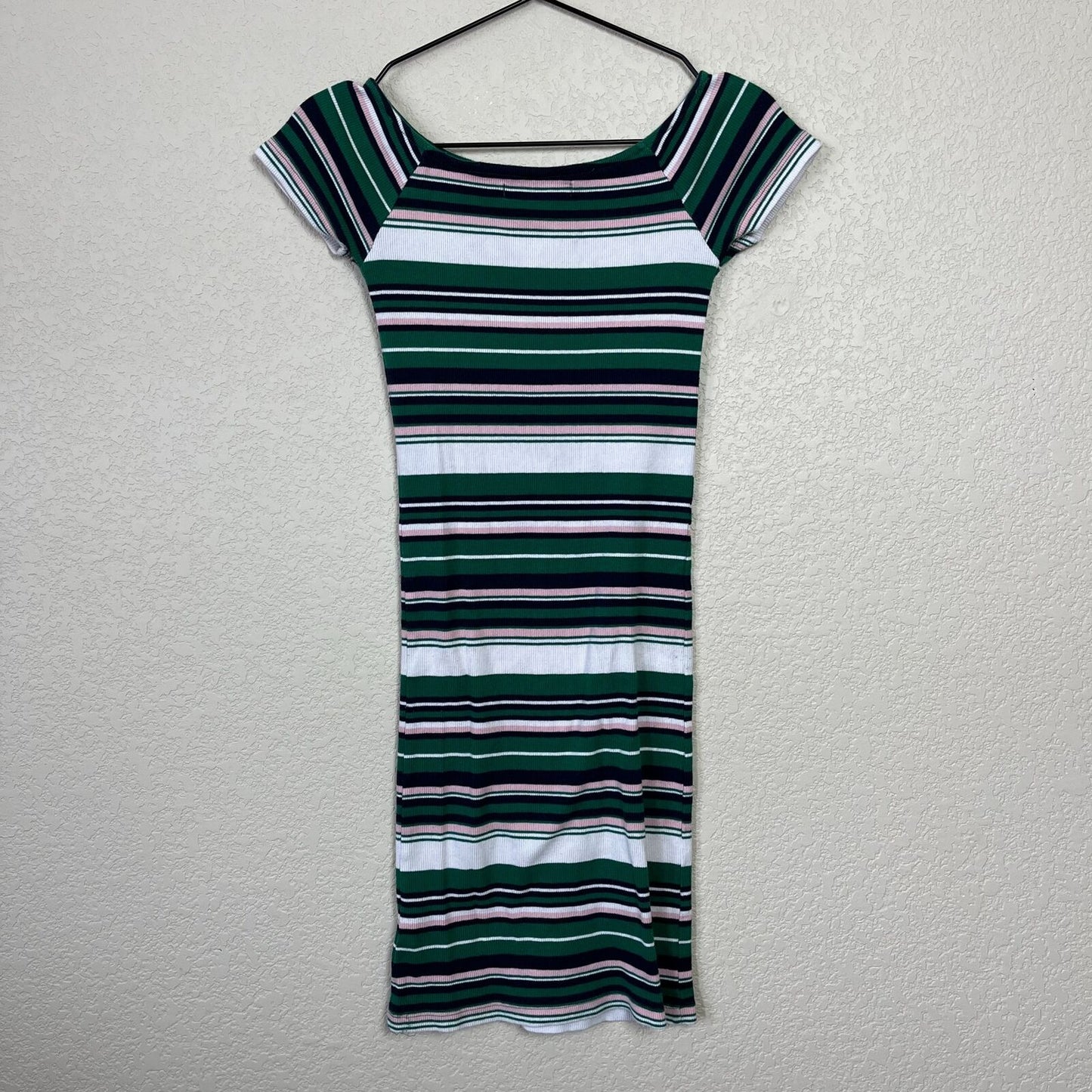 House Womens Sz XS Ribbed Shirt Dress Pink Green Striped Vintage Y2K