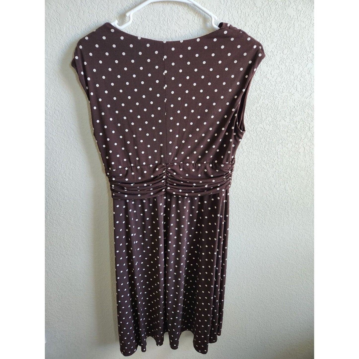 Siena Studio Womens Sz M Midi Dress Brown and White Polka Dot Scoop Neck