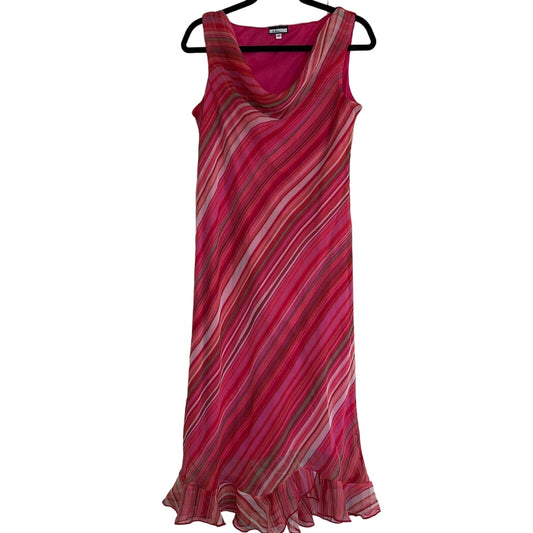 Vintage Believe Womens Sz 12 Pink Midi Dress Chiffon Striped Sleeveless