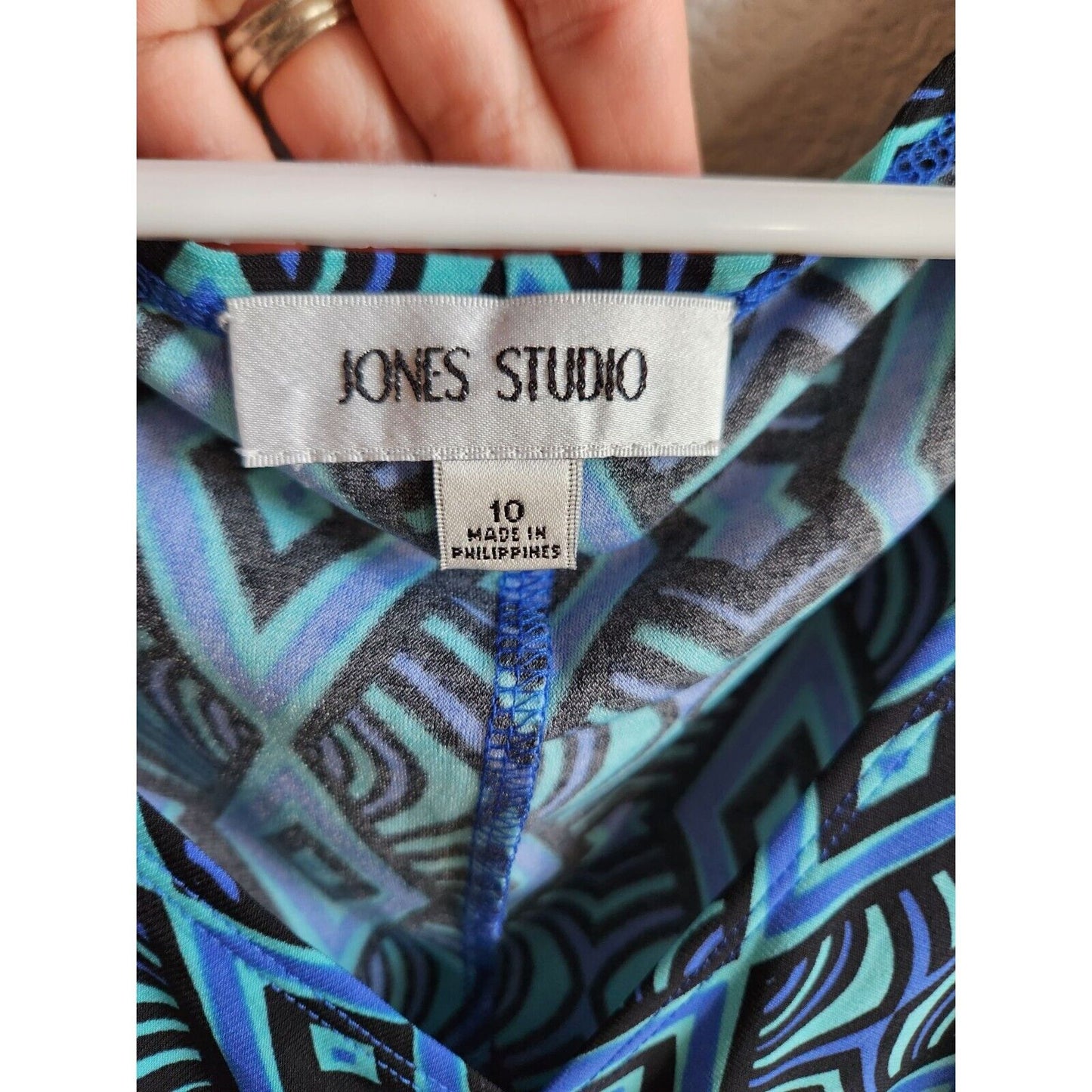 Jones Studio Womens Sz 10 Midi Dress Blue Purple Geometric Faux Wrap