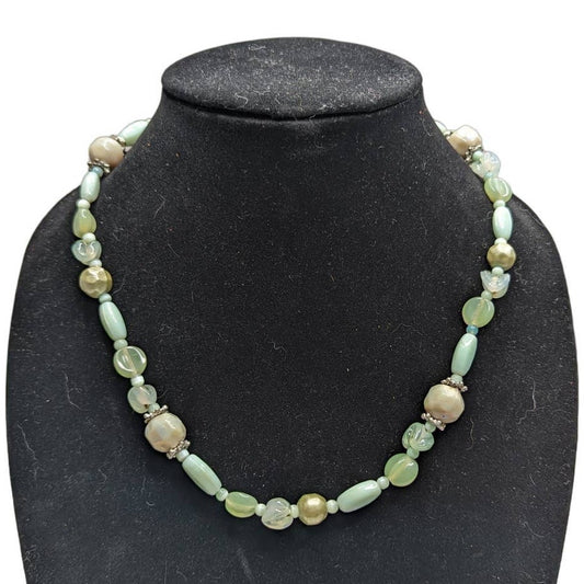 Vintage Mid Century Glass Beaded Single Strand Necklace Seafoam Green