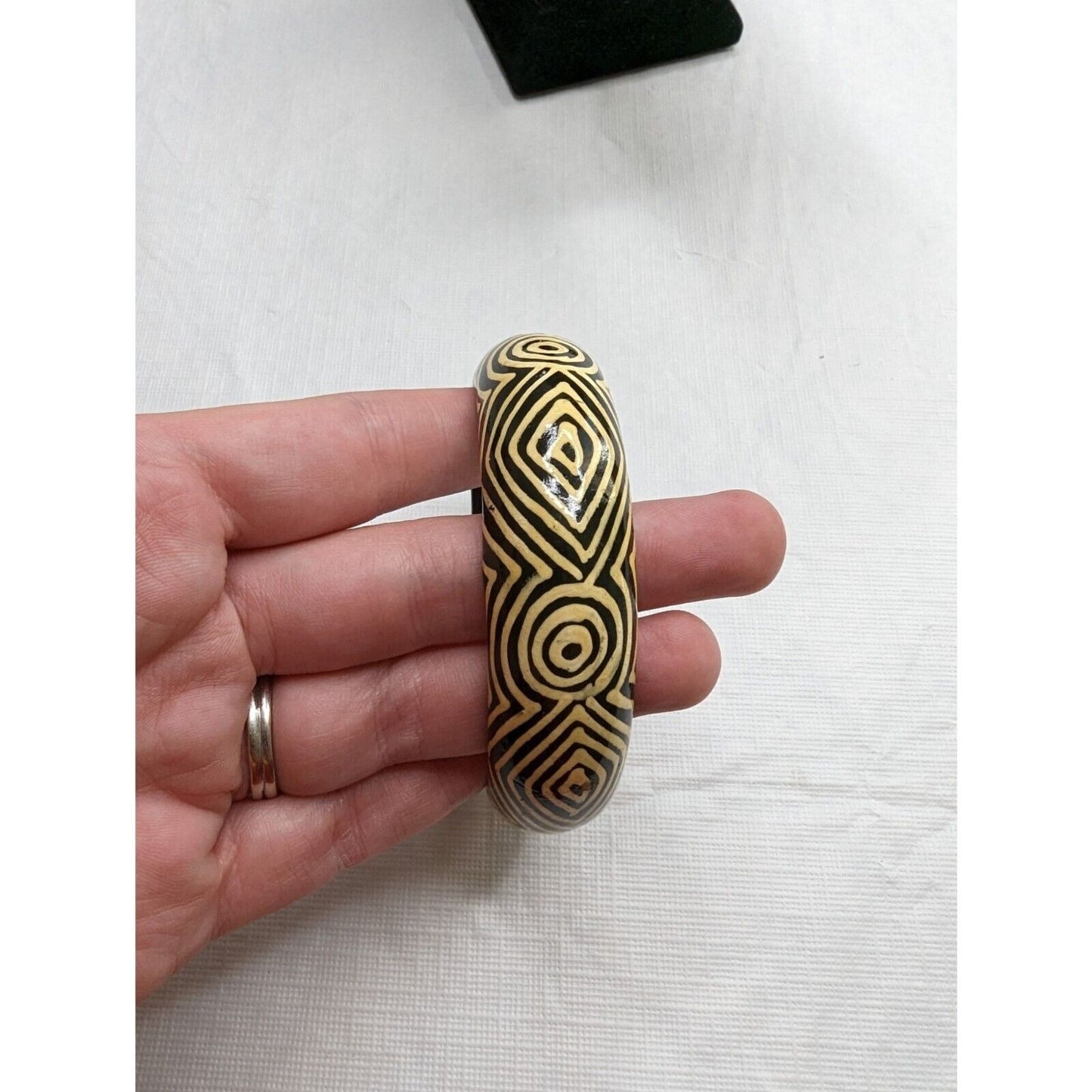 Vintage Black and Ivory Hand Painted Wooden Bangle Bracelet