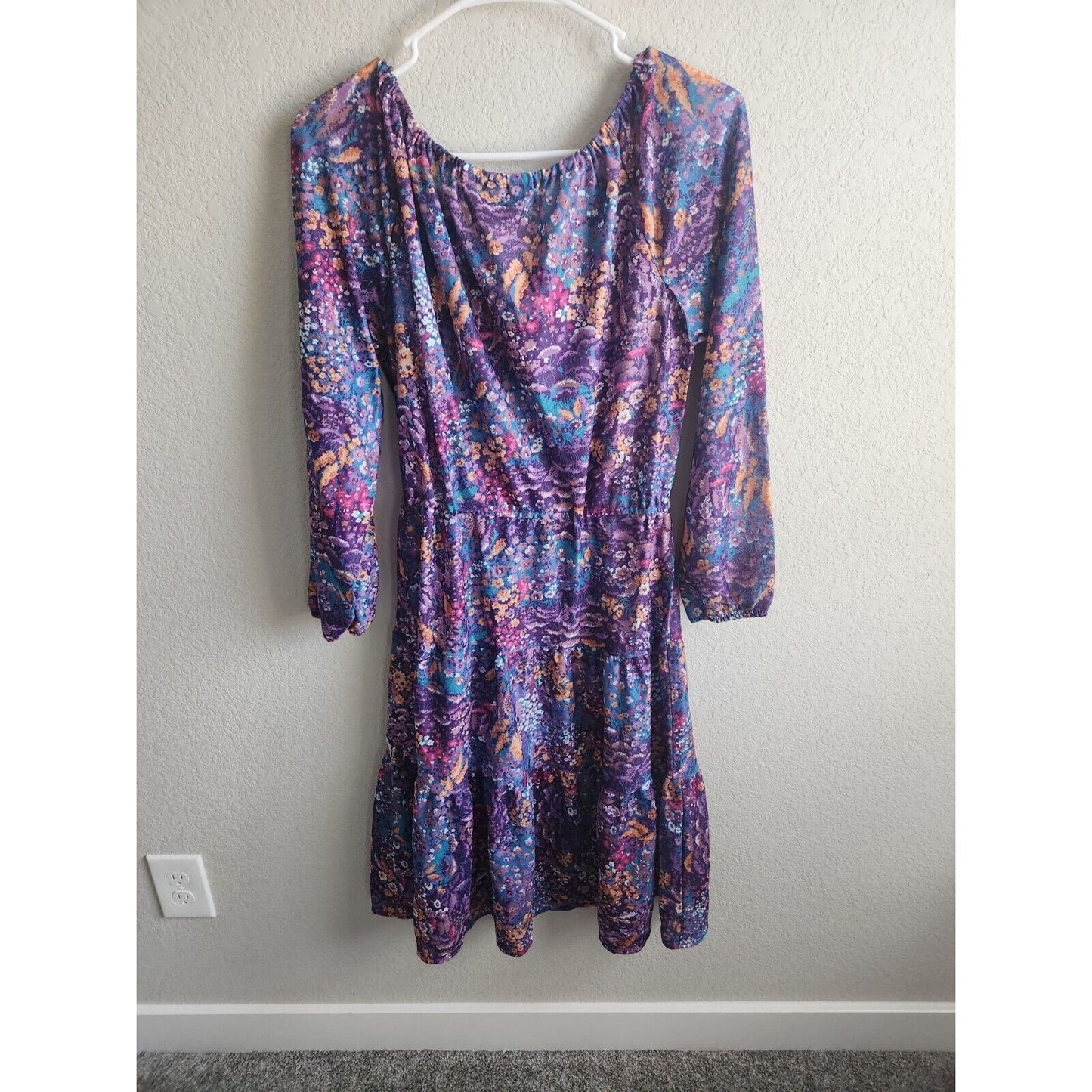 Vintage Montgomery Ward Womens Sz M Long Sleeve Midi Dress Purple Boho