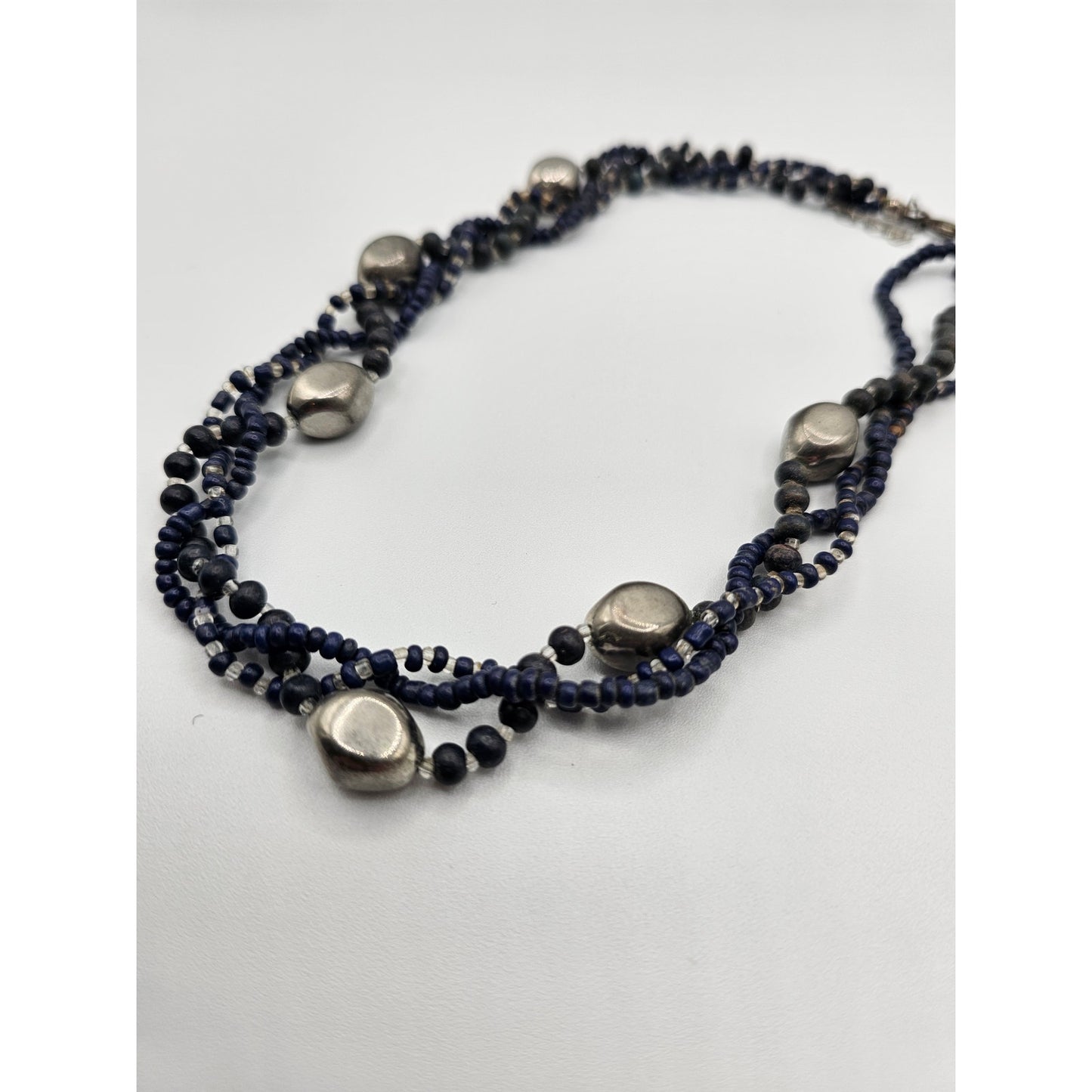 Cintage Y2K Braided Seed Bead Necklace Blue and Silver Tone Beads