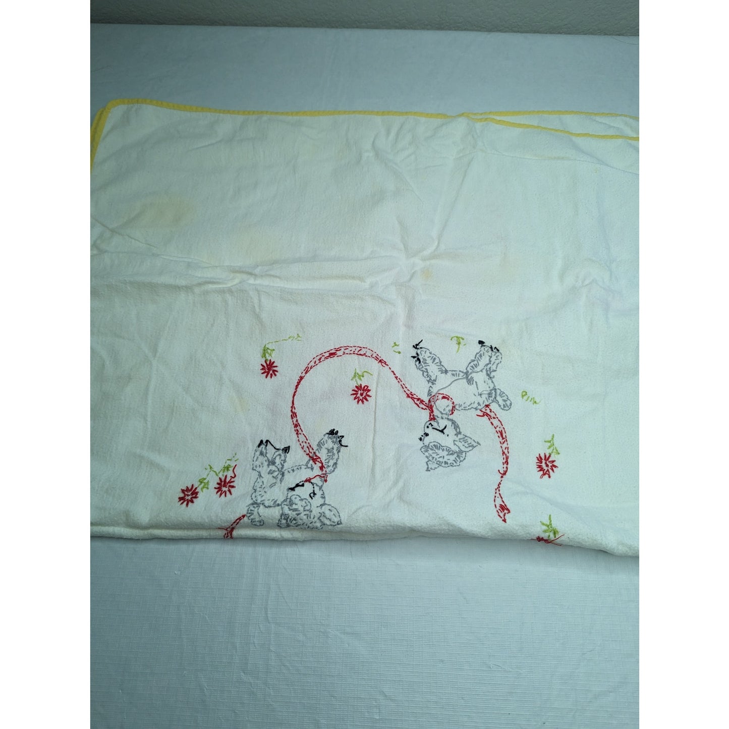 Vintage 1950s Baby Crib Blanket Cotton Embroidered Doe Deer Flowers Ribbon