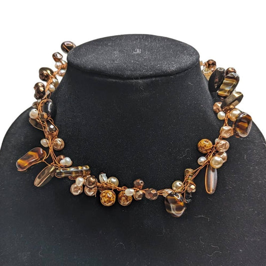 Vintage 1980s Choker Necklace Amber Color Beads Copper Wire String