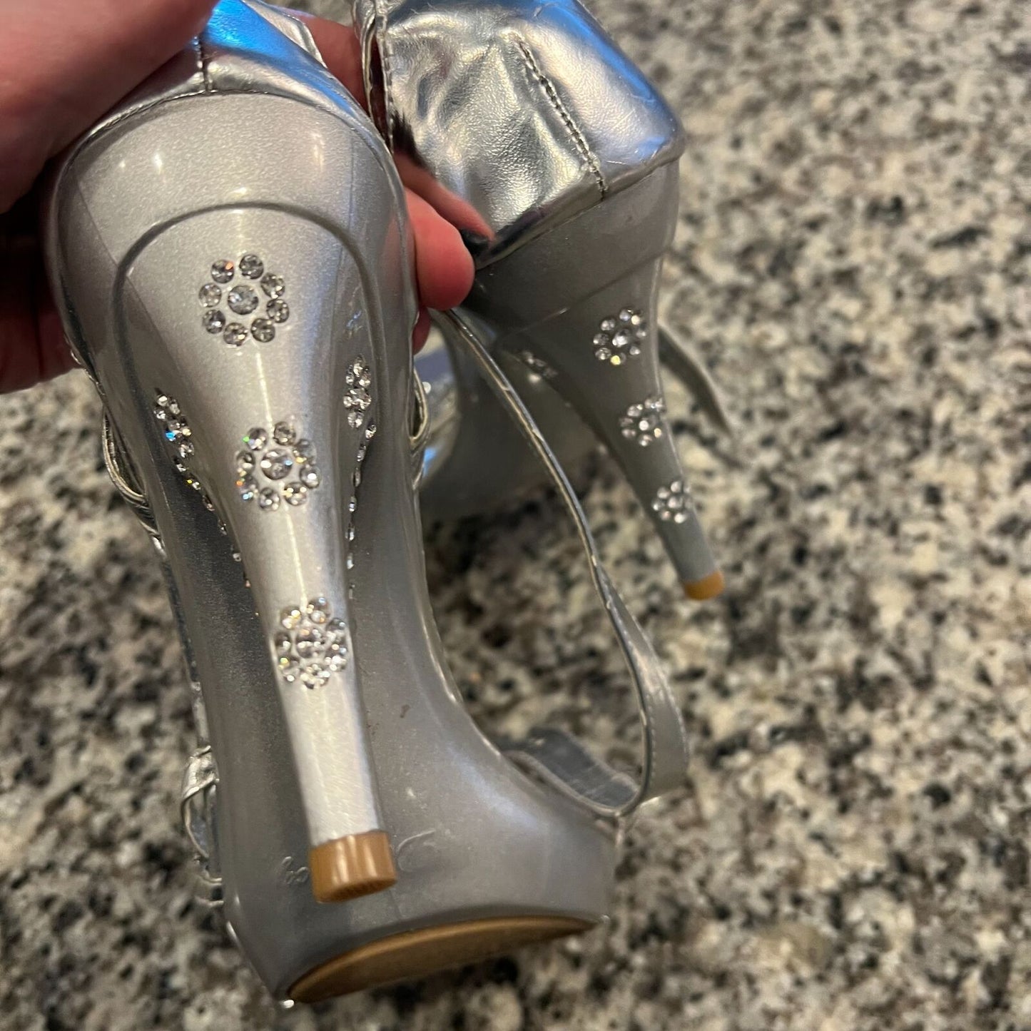 Delicacy Womens Sz 10 Silver and Rhinestone Strappy High Heels Y2K