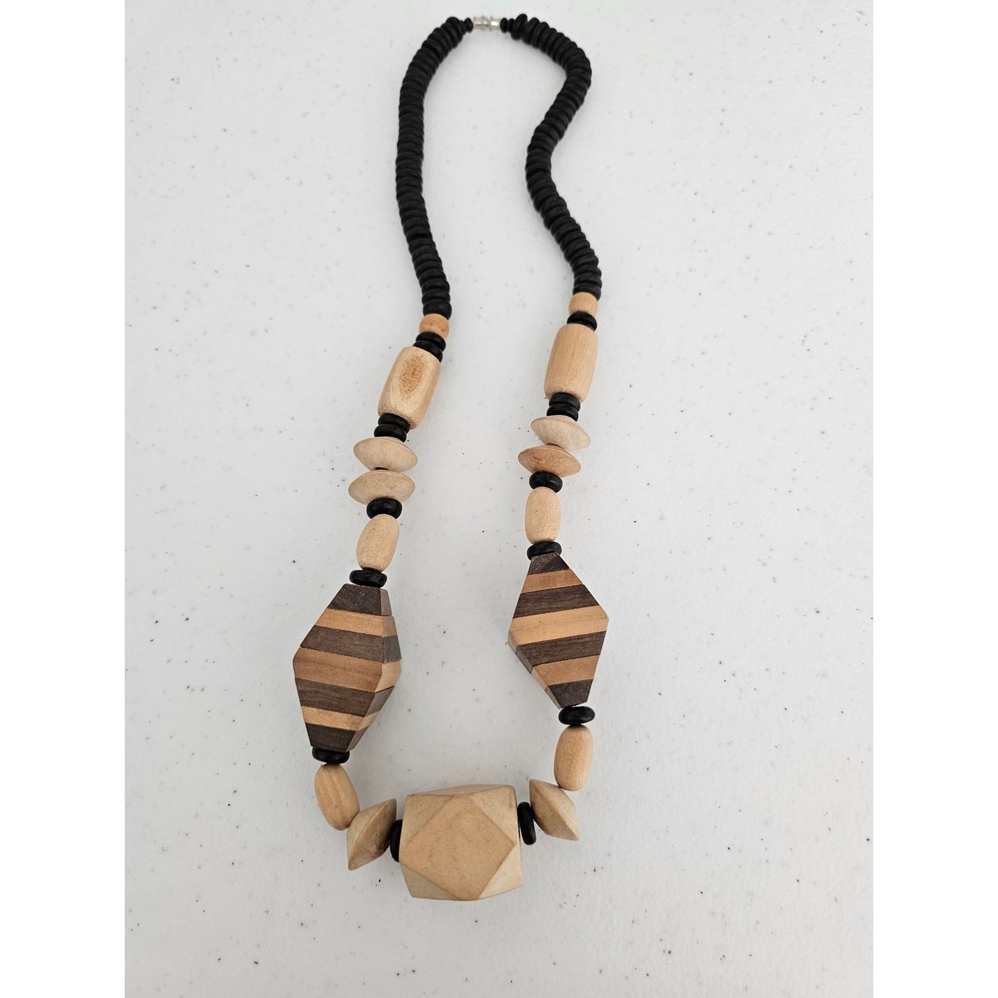Vintage Mid Century Chunky Wooden Beaded Necklace Brown Geometric