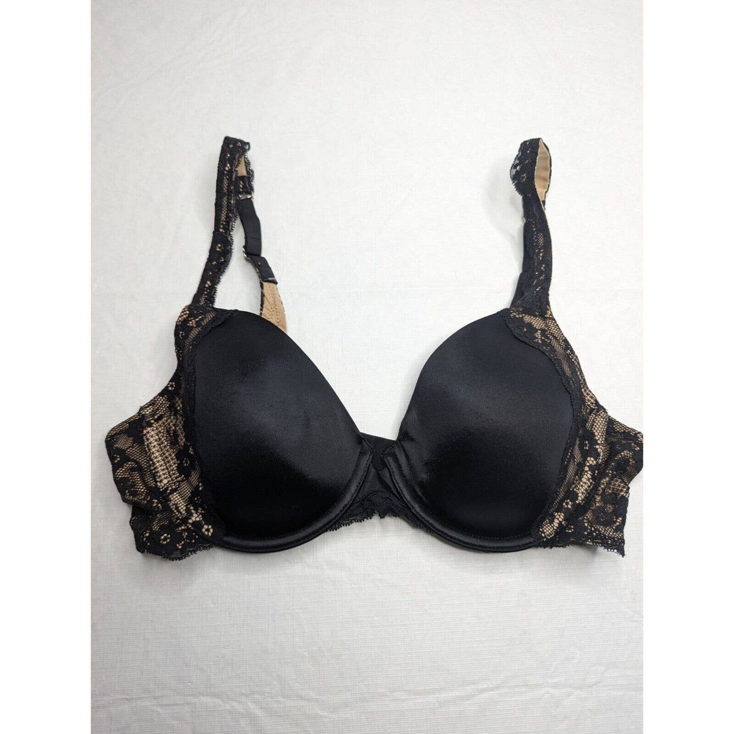 Maidenform mujer Sz 36B camiseta sujetador negro beige encaje ribete