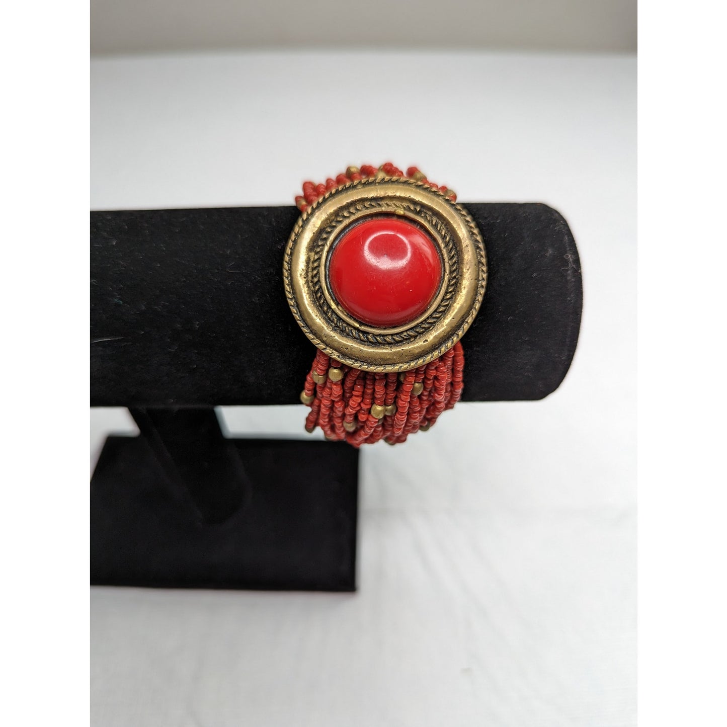 Vintage Mid Century Multi strand Seed Bead Bangle Bracelet Red Gold
