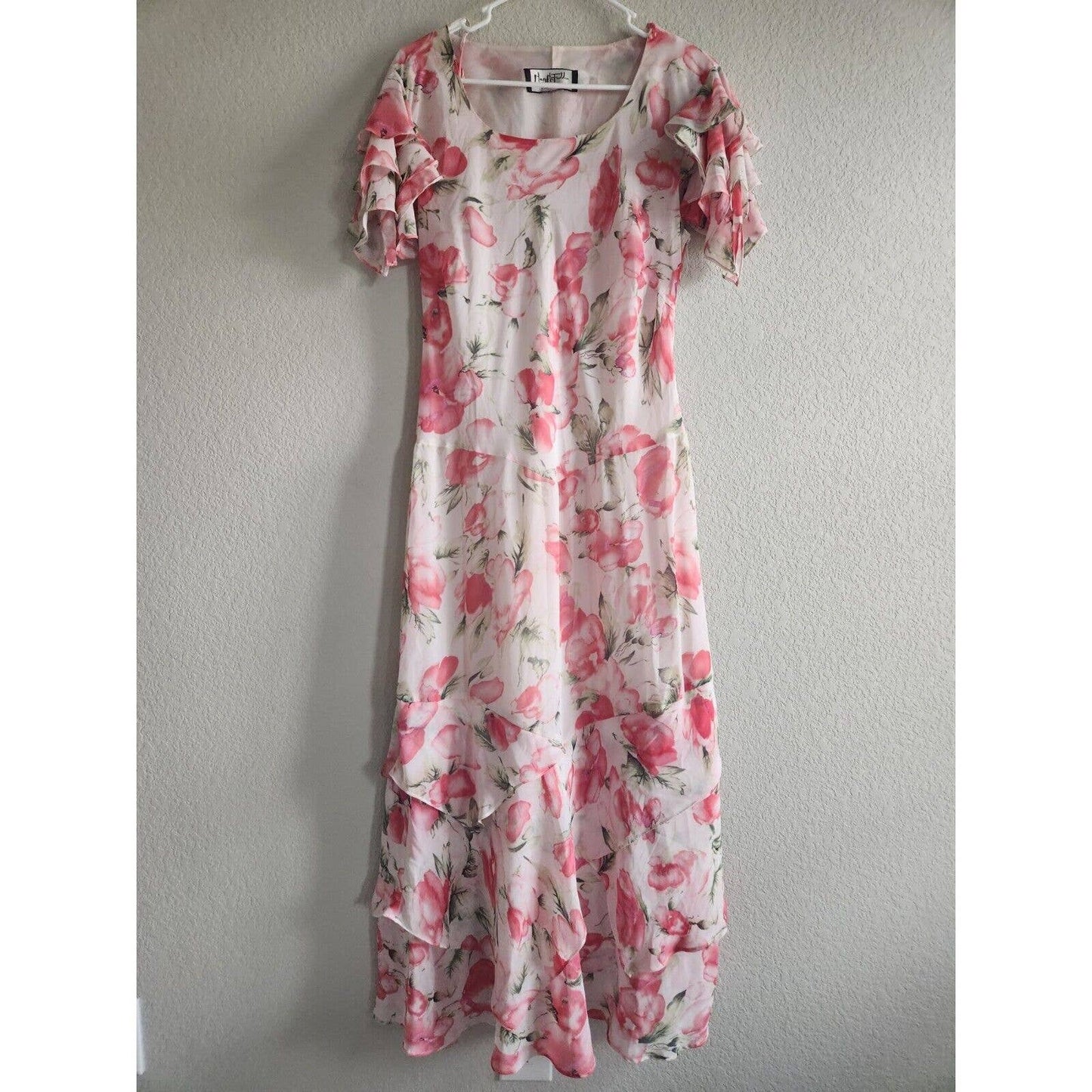 Vintage Mary McFadden Womens Sz 8 Maxi Dress Pink Floral Flutter Sleeve 1990s
