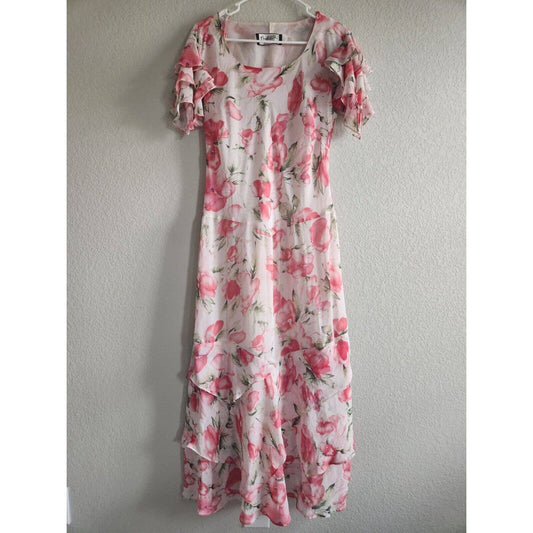 Vintage Mary McFadden Womens Sz 8 Maxi Dress Pink Floral Flutter Sleeve 1990s