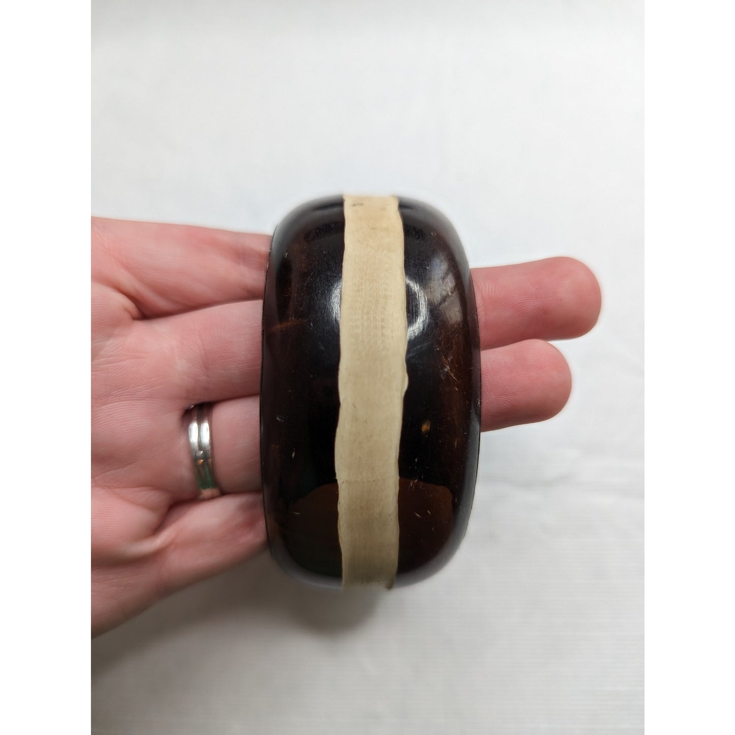 Vintage Mid Century Brass and Wood Bangle Bracelet Brown Ivory