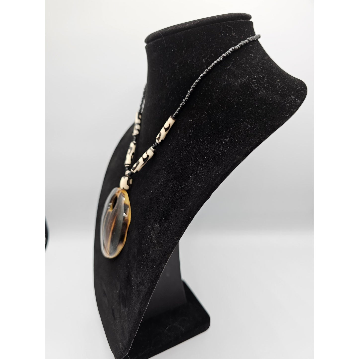 Vintage Amber Tigers Eye Style Pendant Necklace w/ Glass Beads Art to Wear