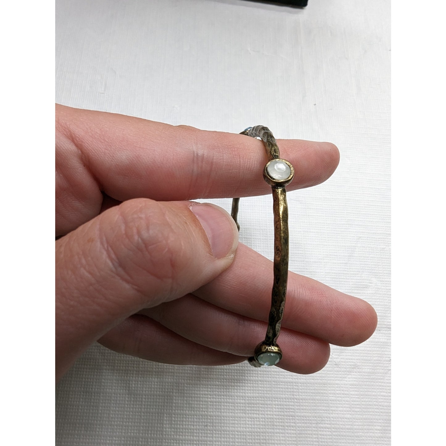 Vintage Mid Century Dainty Bangle Bracelet Brass and Stone