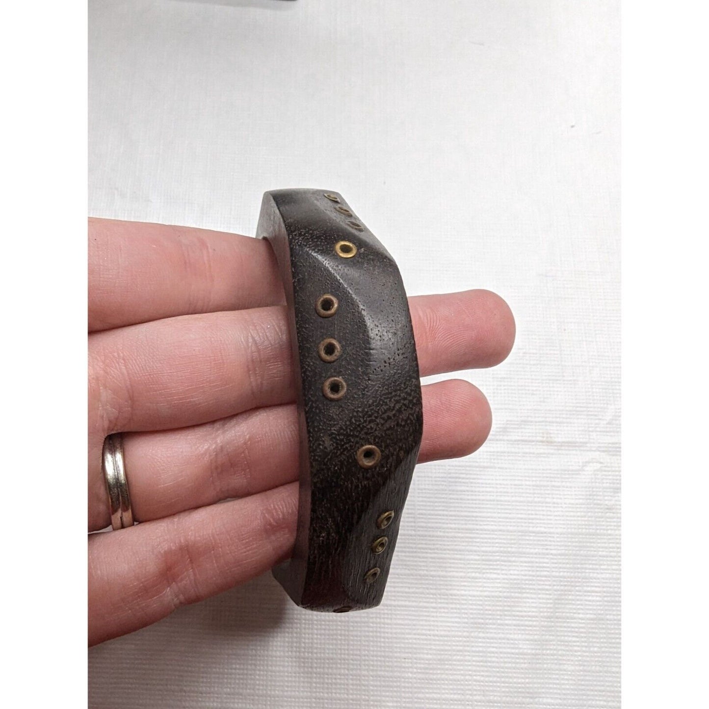 Vintage Dark Brown Wooden Bangle Bracelet Gold Studs Asymmetrical