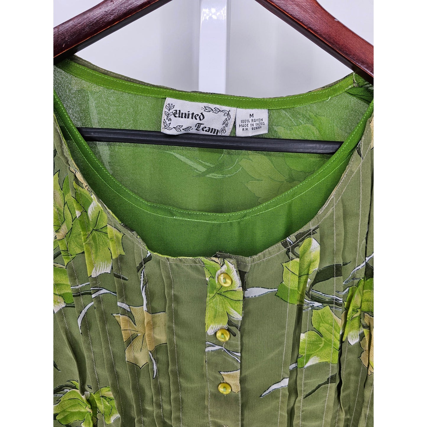 Vintage 1990s United Team Womens Sz M Maxi Dress Avocado Green Floral