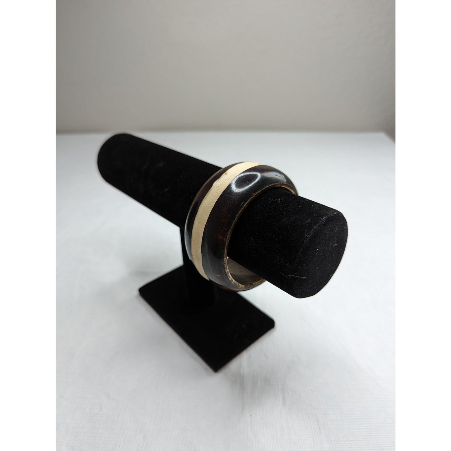 Vintage Mid Century Brass and Wood Bangle Bracelet Brown Ivory