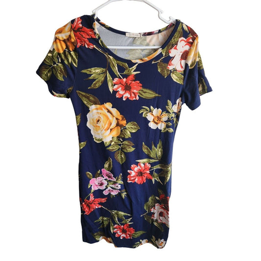 Heart & Hips Womens Sz M Mini Shirt Dress Blue Rose Floral Print