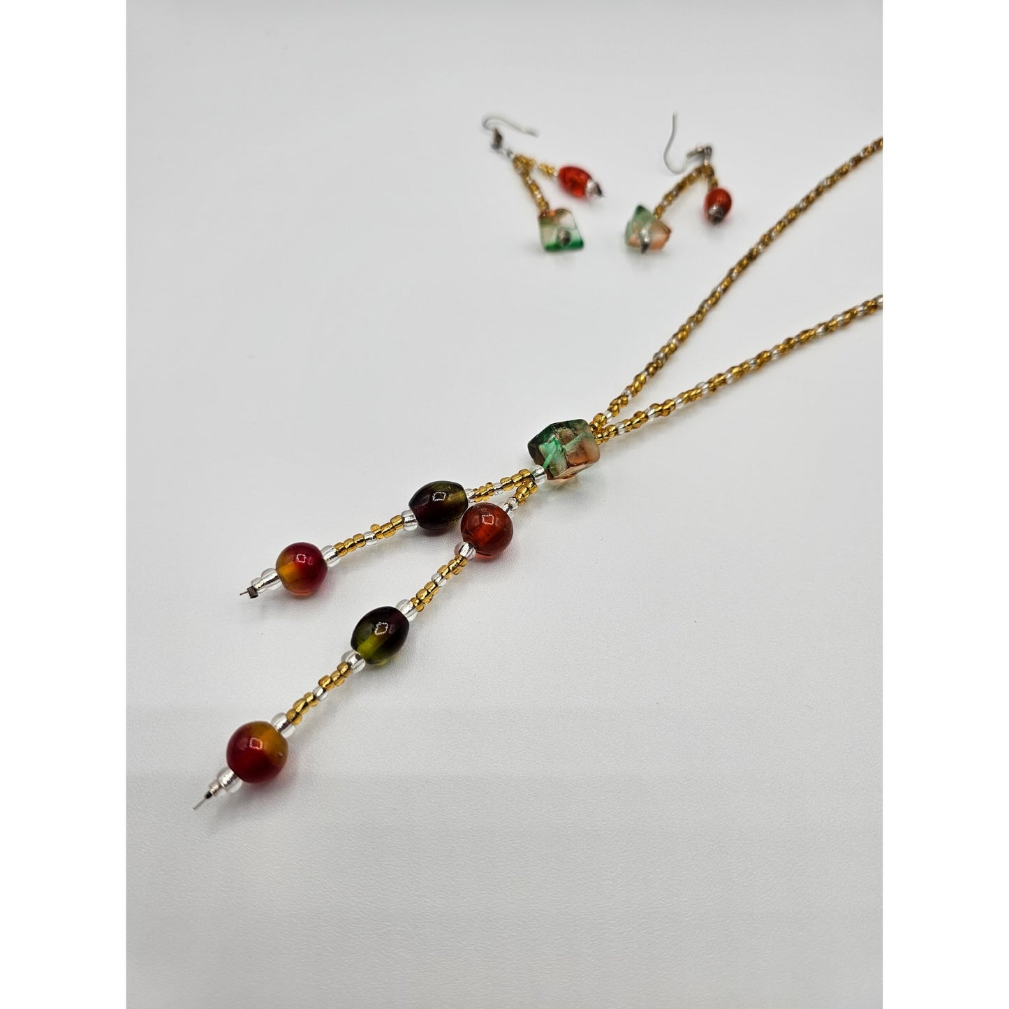 Vintage Glass Seed Bead Necklace and Earrings Set Gold Red Art to Wear