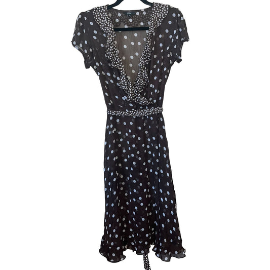 MSK Womens Sz 8 Midi Brown and White Polka Dot Semi Sheer Dress V Neck