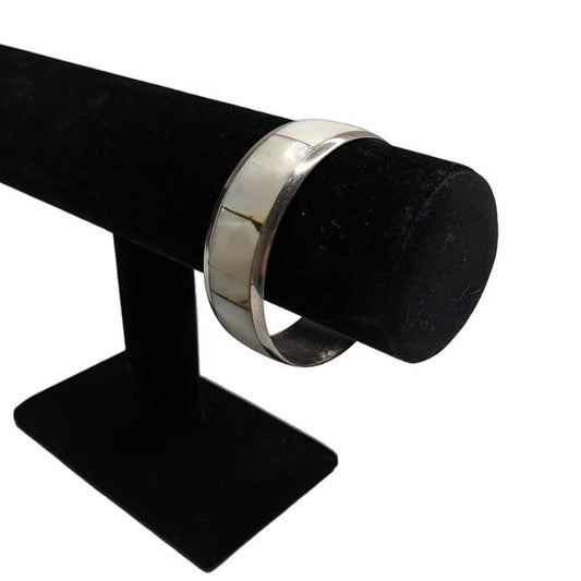 Vintage Mid Century Mother of Pearl Inlay Bangle Bracelet Ivory