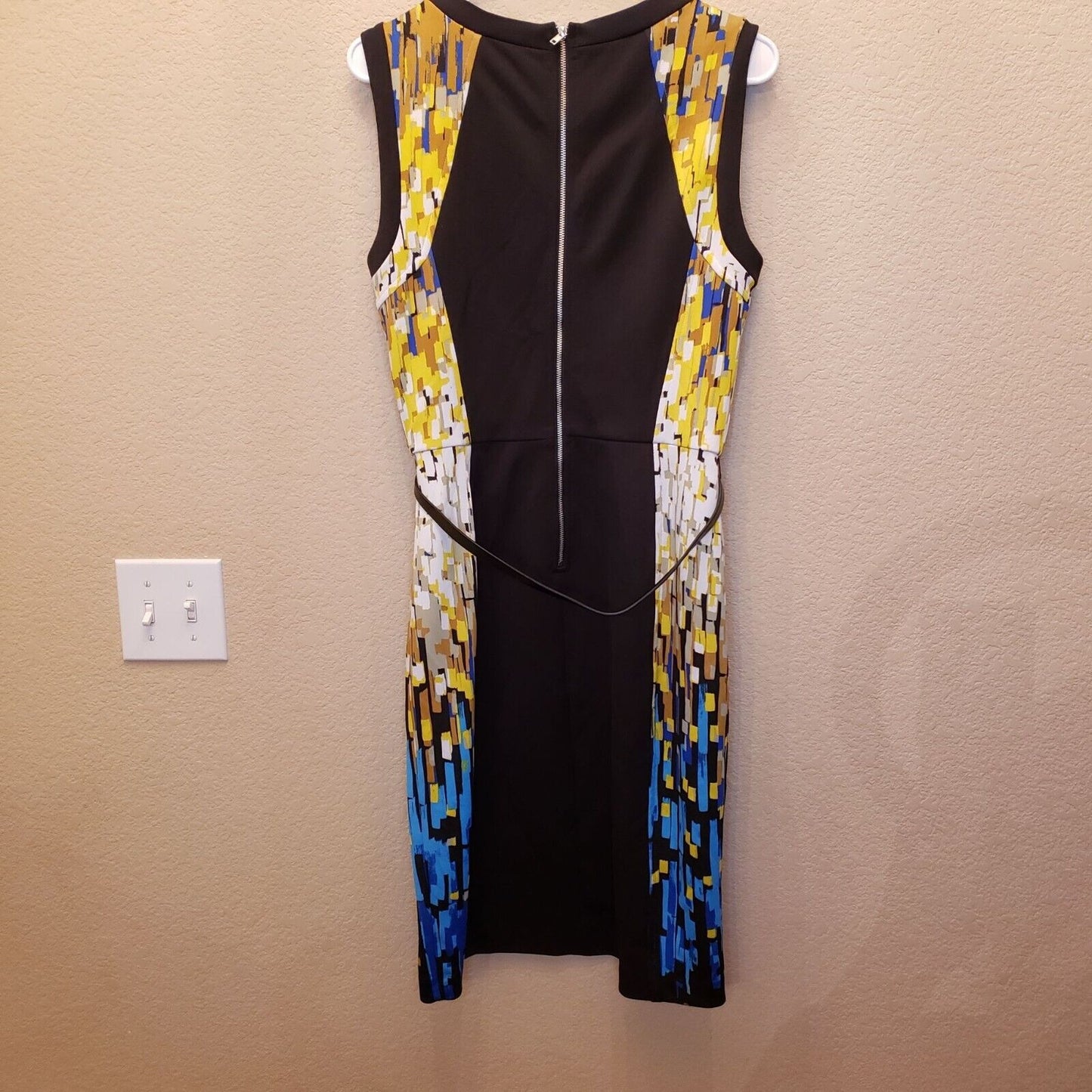 Maggy London Womens Sz 10 Knee Length Belted Career Dress Yellow Blue White