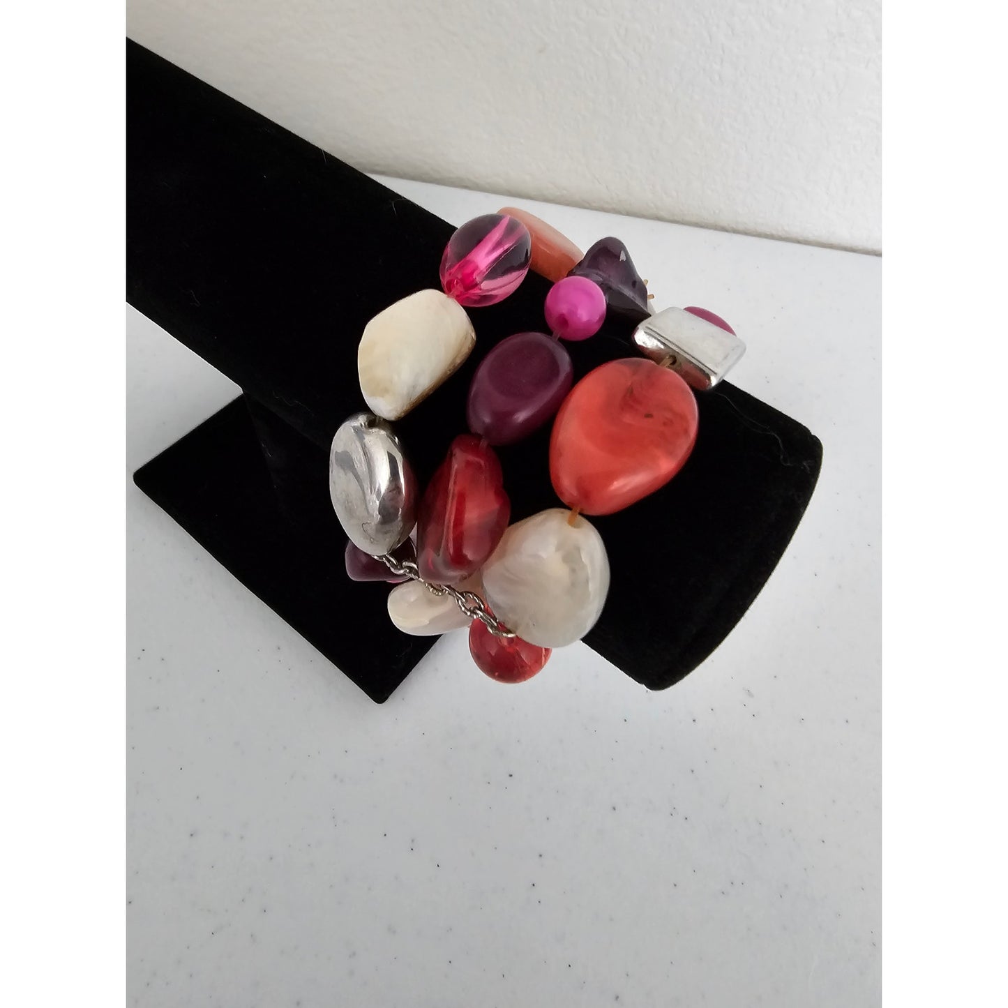 Vintage 1990s Multi Strand Beaded Bracelet Stones Shades of Red and Pink