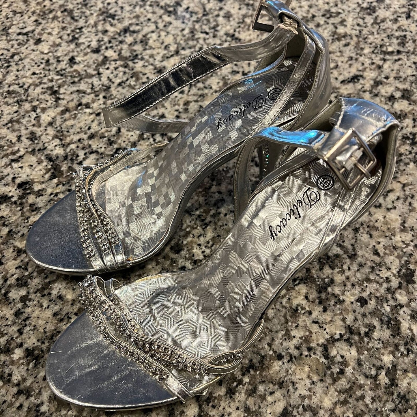 Delicacy Womens Sz 10 Silver and Rhinestone Strappy High Heels Y2K