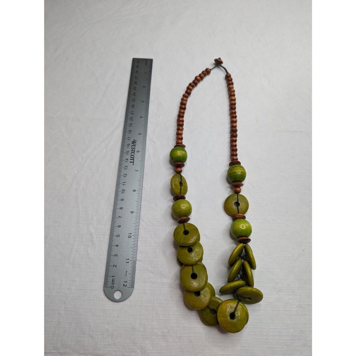 Vintage 1970s Wooden Beaded Necklace Brown and Lime Green Disk Beads
