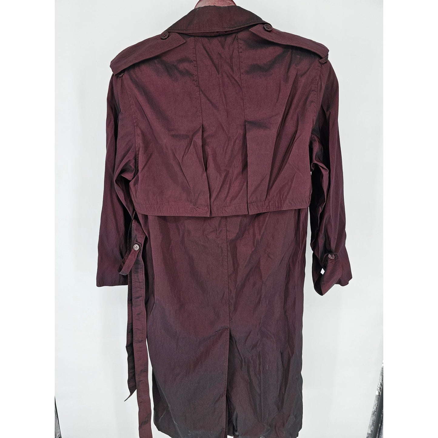 Vintage 1980s Womens Sz M Midi Length Trench Coat Purple Metallic Sheen Belted