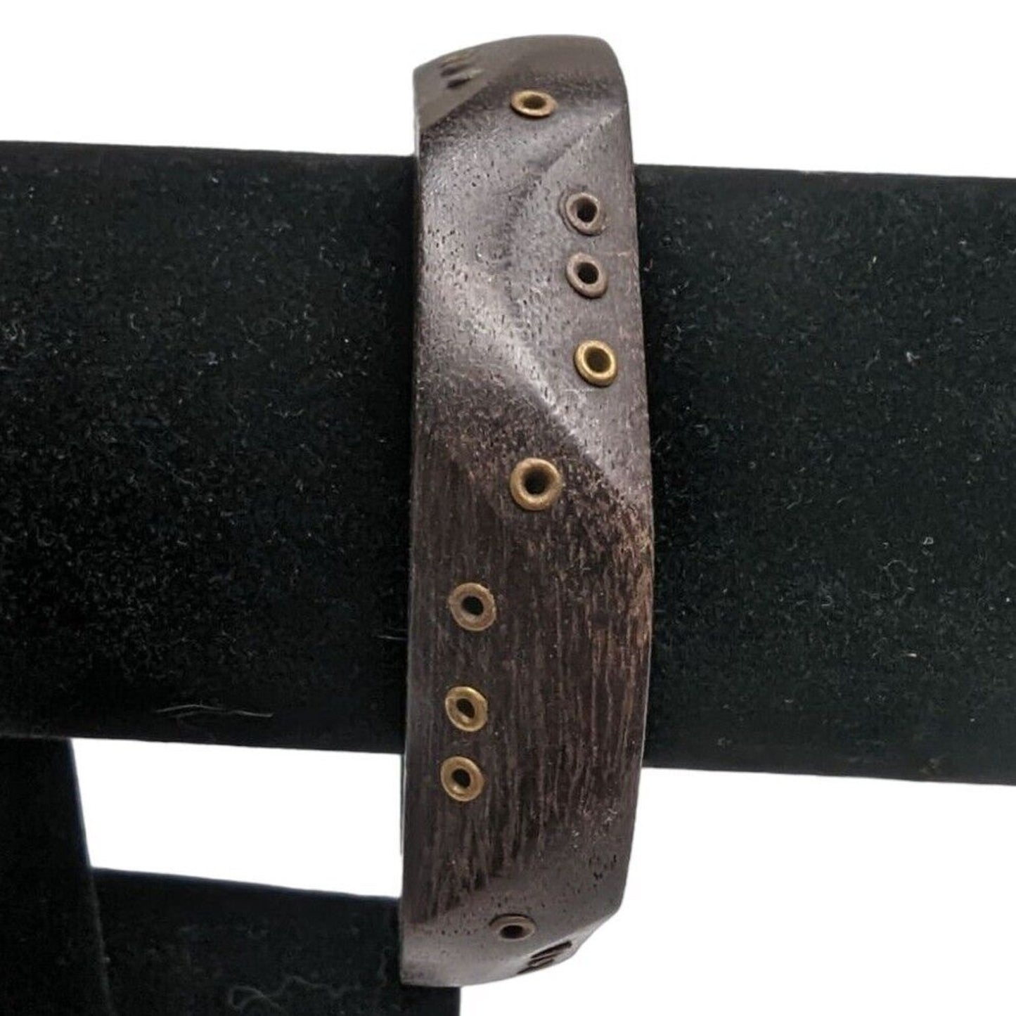 Vintage Dark Brown Wooden Bangle Bracelet Gold Studs Asymmetrical