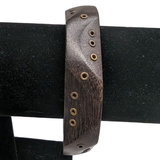Vintage Dark Brown Wooden Bangle Bracelet Gold Studs Asymmetrical