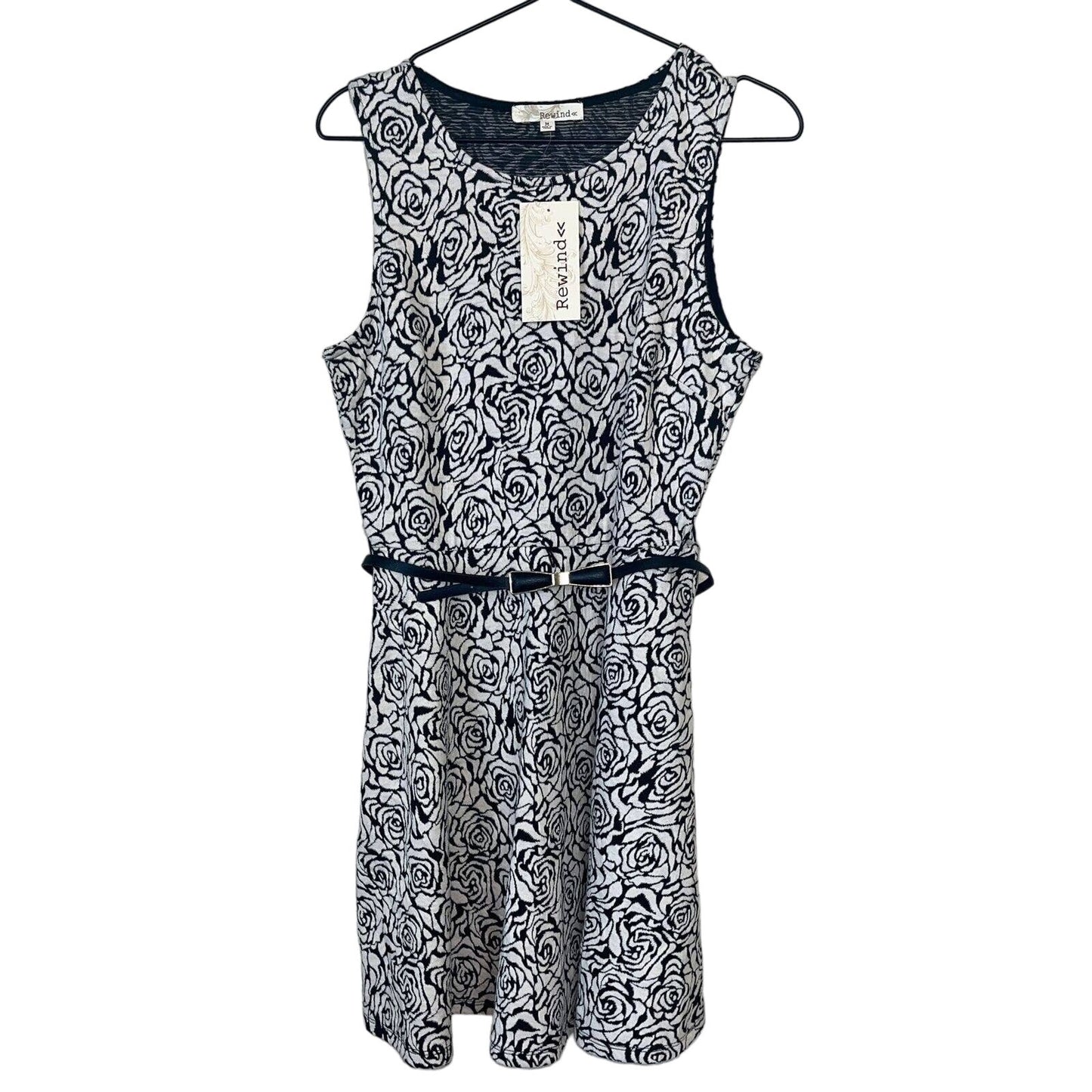 Rewind Womens Sz M Sleeveless Knit Dress Black Gray Rose Belted A Line