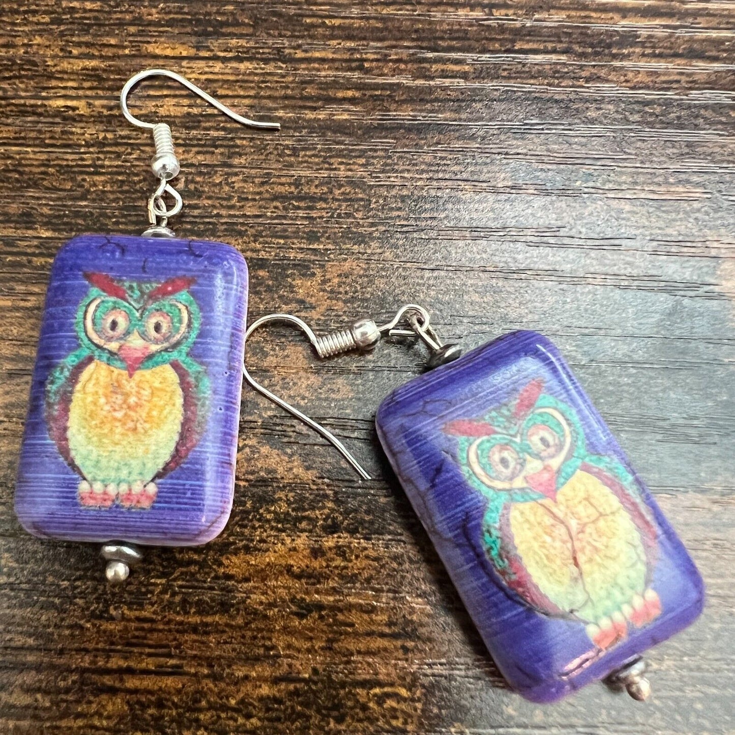 Vintage Glass Handcrafted Owl Earrings Purple