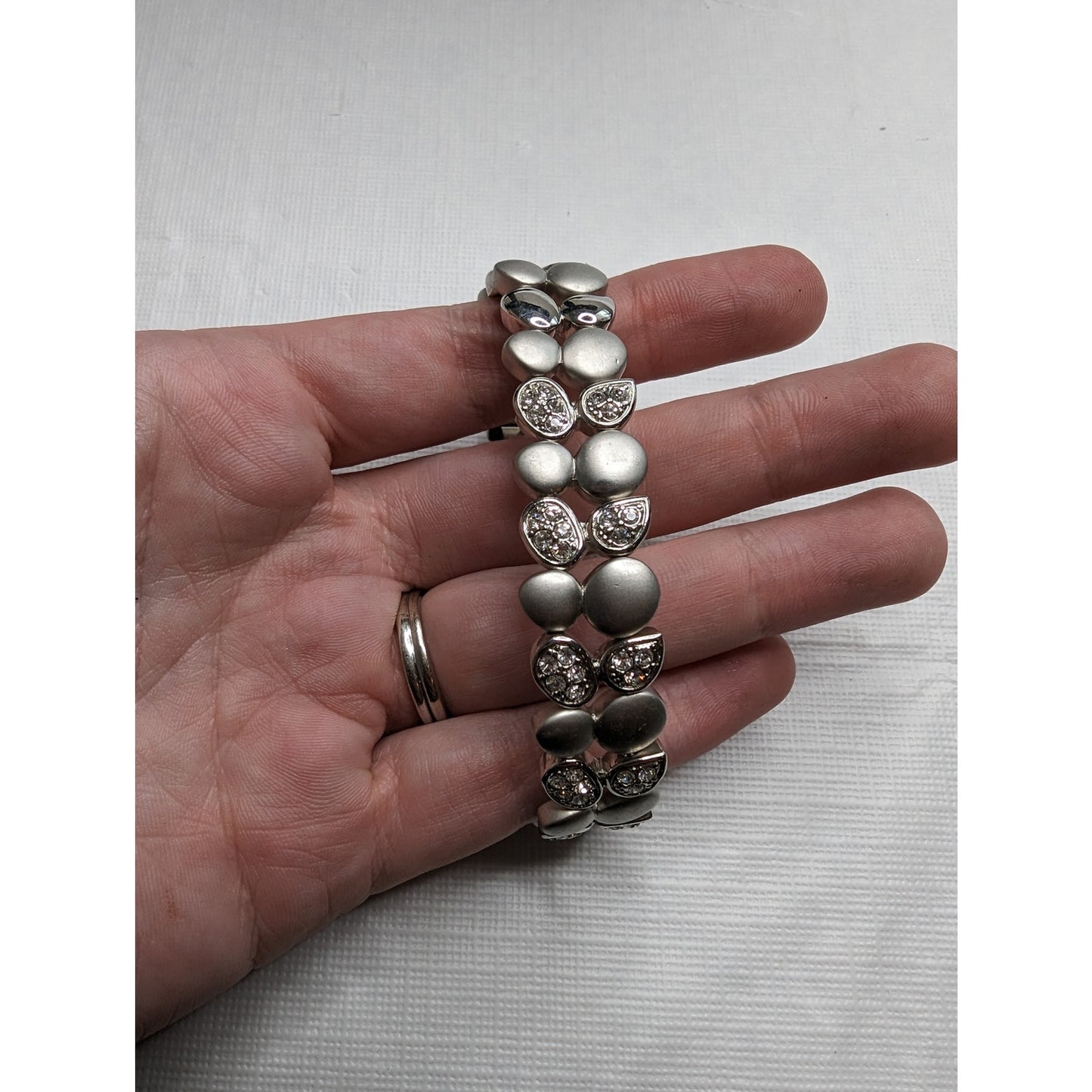 Vintage 1990s Silver Tone Rhinestone Two Layer Clasp Bracelet