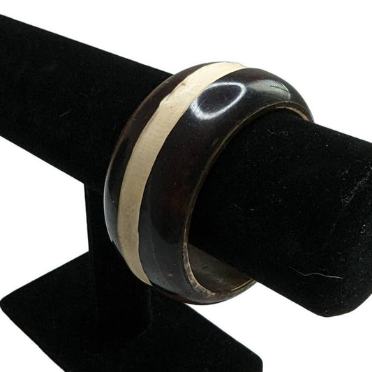 Vintage Mid Century Brass and Wood Bangle Bracelet Brown Ivory