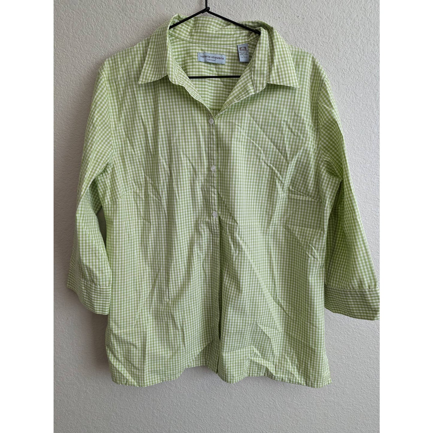 Valerie Stevens Camisa con botones de manga larga 100% algodón para mujer Sz L Cuadros verdes