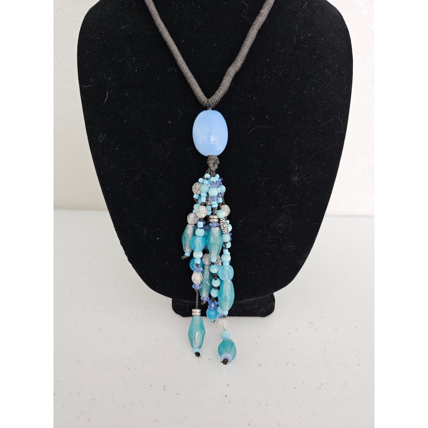 Vintage Mid Century Glass Beaded Fringe Necklace Light Blue Brown Boho