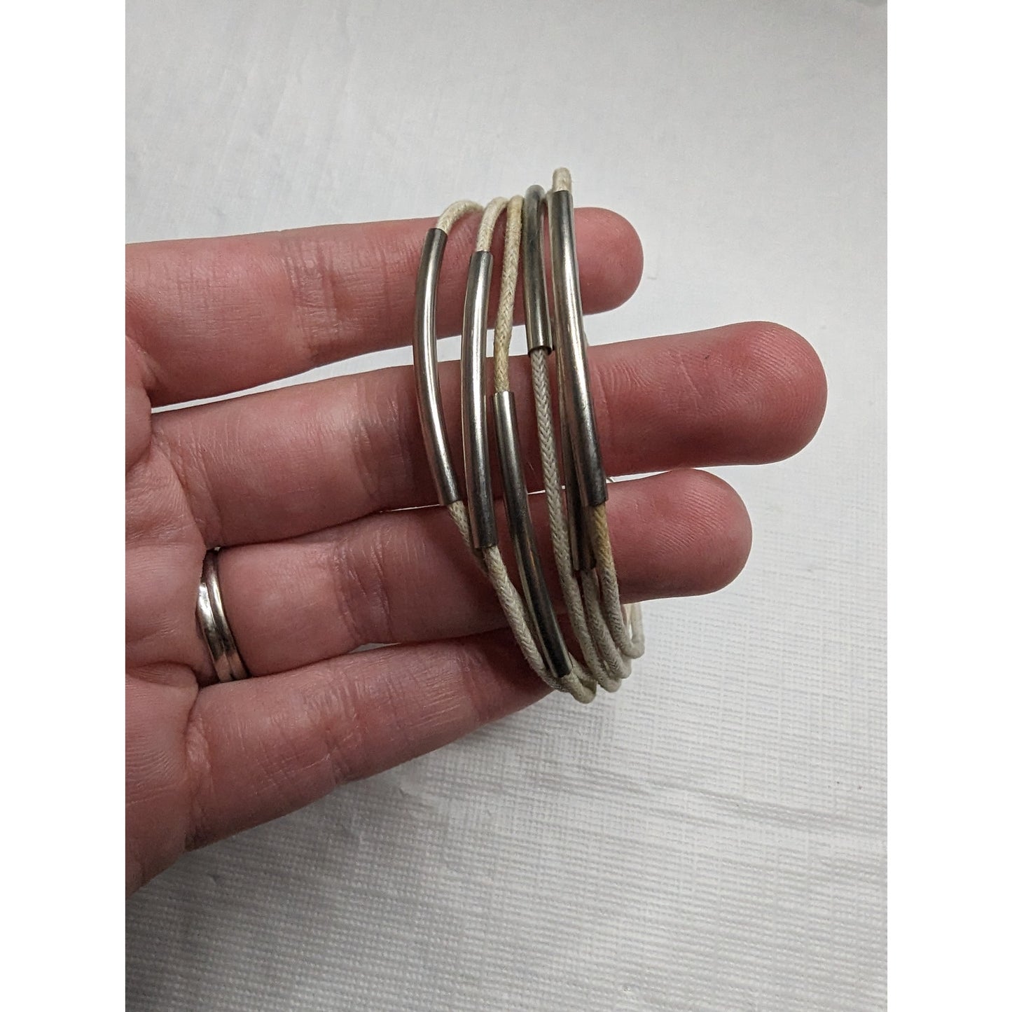 Vintage 1970s Rope Style Multi Strand Cream Bracelet Silver Tone