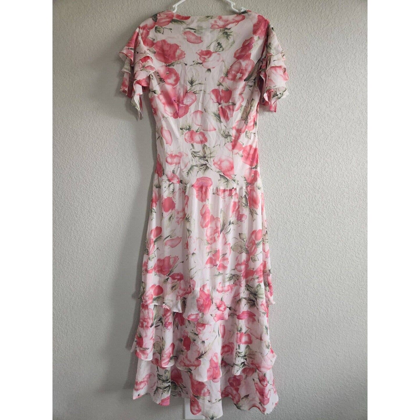 Vintage Mary McFadden Womens Sz 8 Maxi Dress Pink Floral Flutter Sleeve 1990s