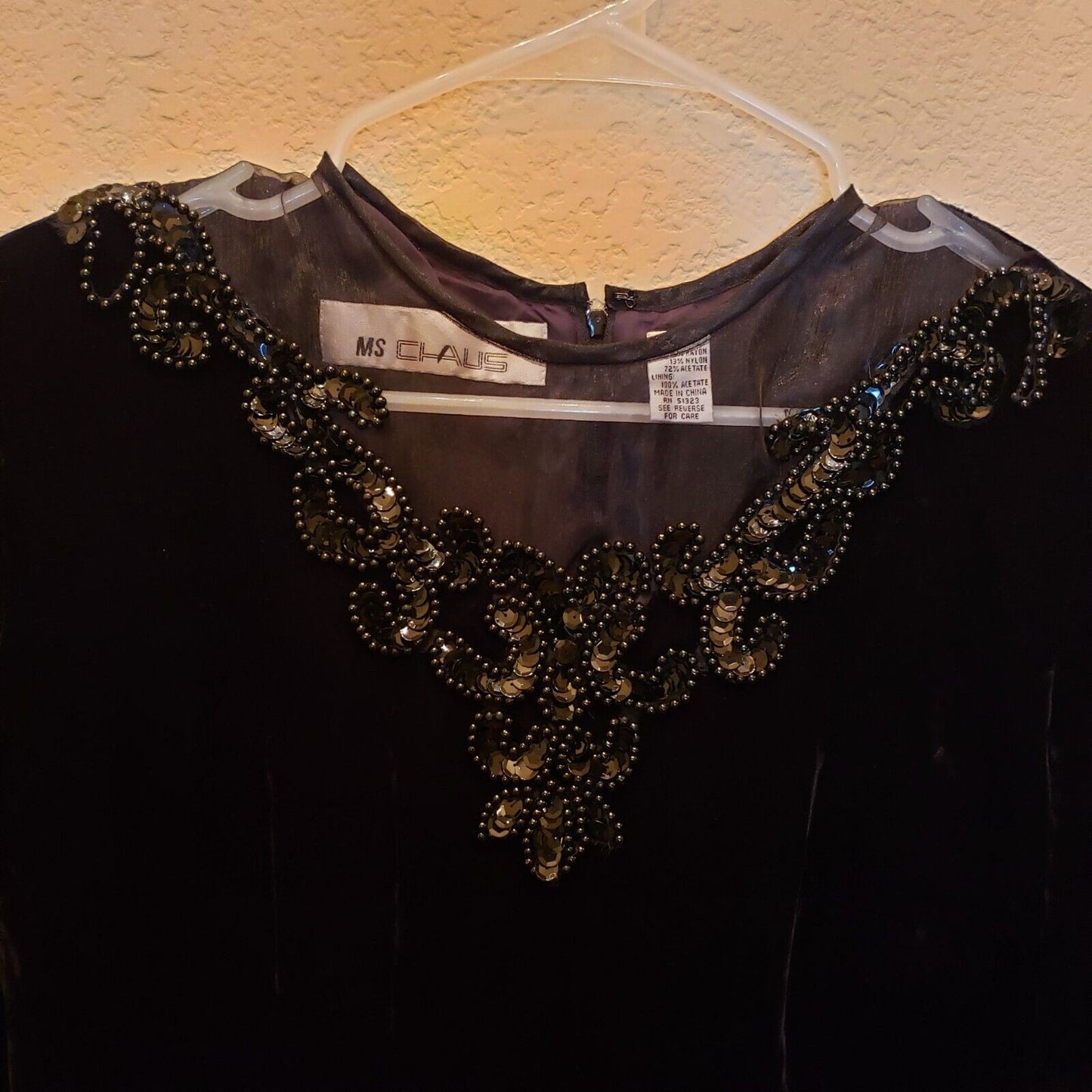 Vintage 1980s Ms Chaus Sz 12 Midi Black Velvet Dress Beaded Long Sleeve